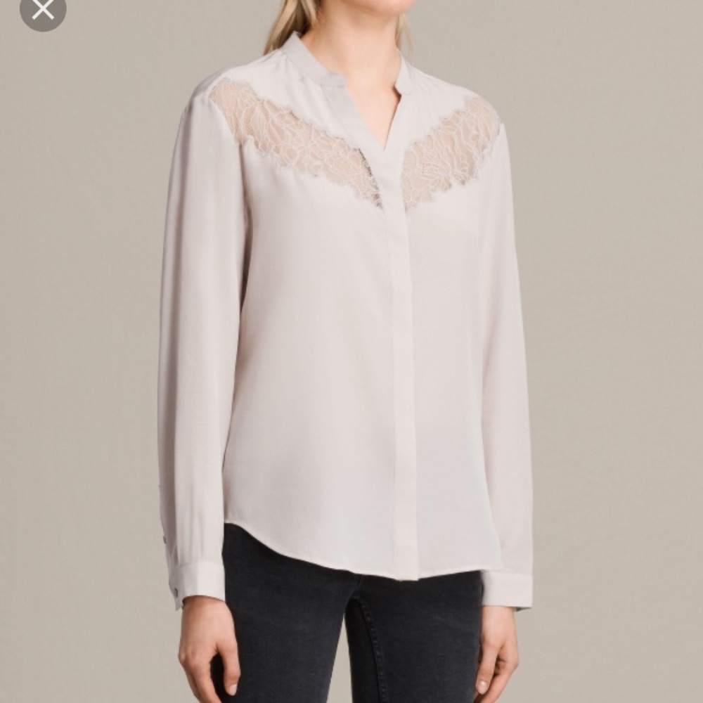 All Saints Lace Silk Shirt, New, Size 4, pale pink